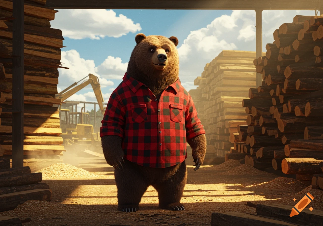 A brown bear in a red plaid lumberjack shirt stands in a dusty lumber mill with stacked wood and an excavator.