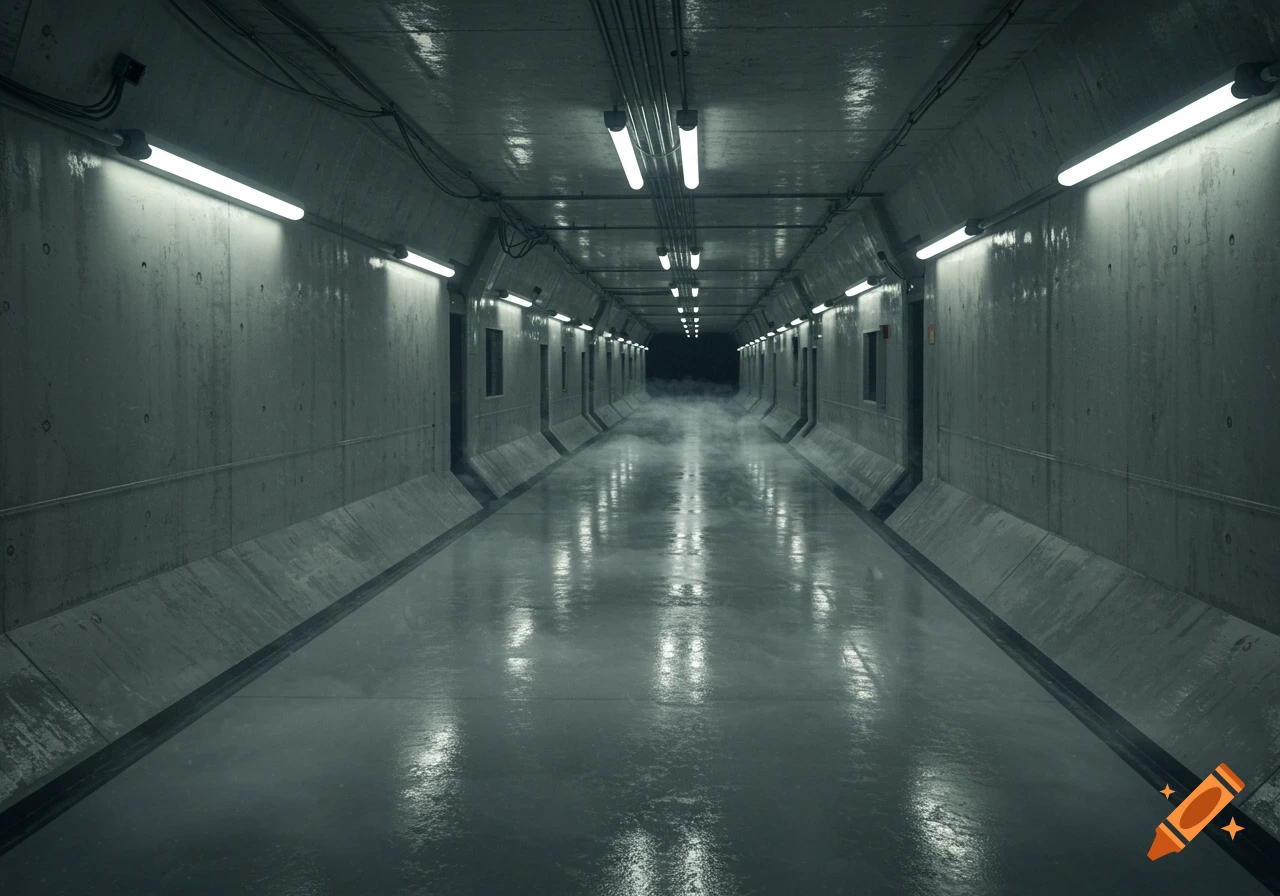 A long, dark, concrete corridor with rows of fluorescent lights and a misty, reflective floor, leading into darkness.