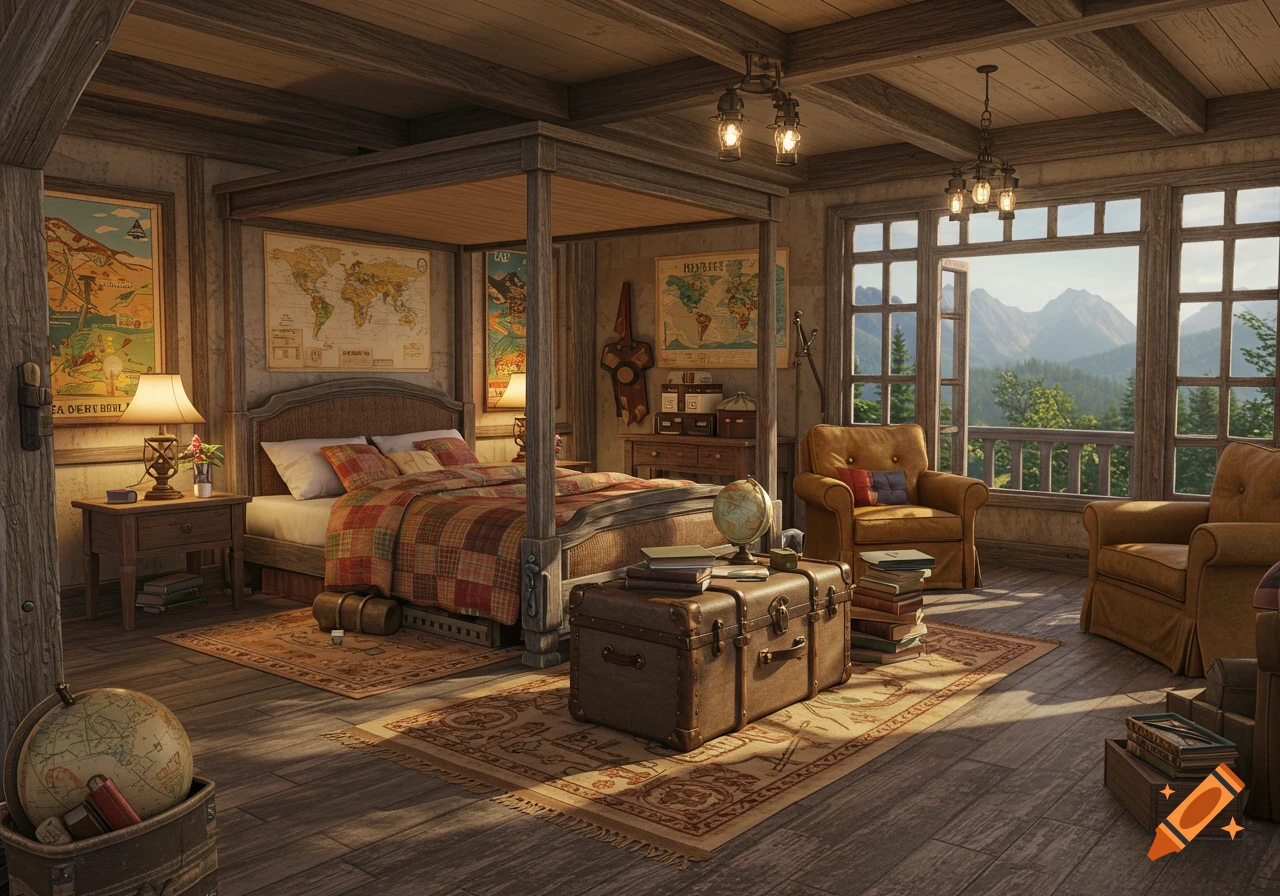 Cozy adventure-themed hotel room with a four-poster bed, maps on walls, vintage luggage, and a large window overlooking mountains.