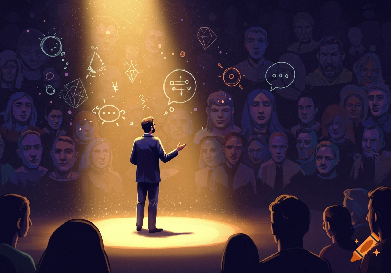 An illustrated man in a spotlight speaks to a shadowy audience, with ideas and speech bubbles floating above them.