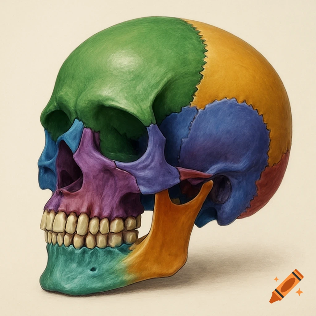 Colorful anatomical human skull illustration with each bone painted a different vibrant color.