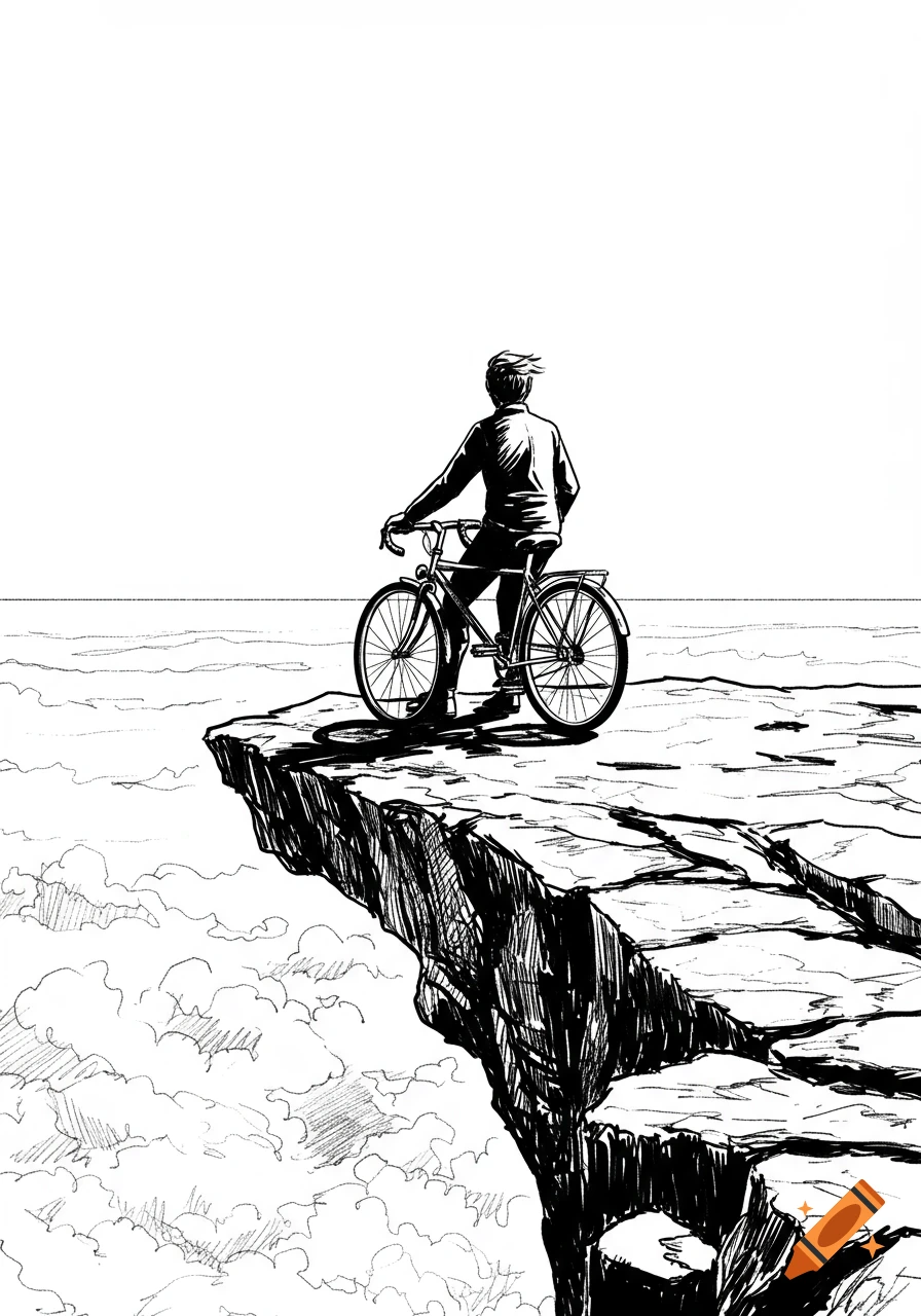 Black and white illustration of a person on a bicycle at a cliff edge, looking out over clouds.