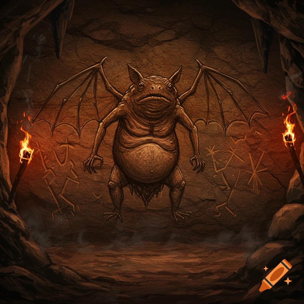 A brown, frog-like creature with bat wings carved on a cave wall, flanked by burning torches and primitive symbols, dark fantasy style.