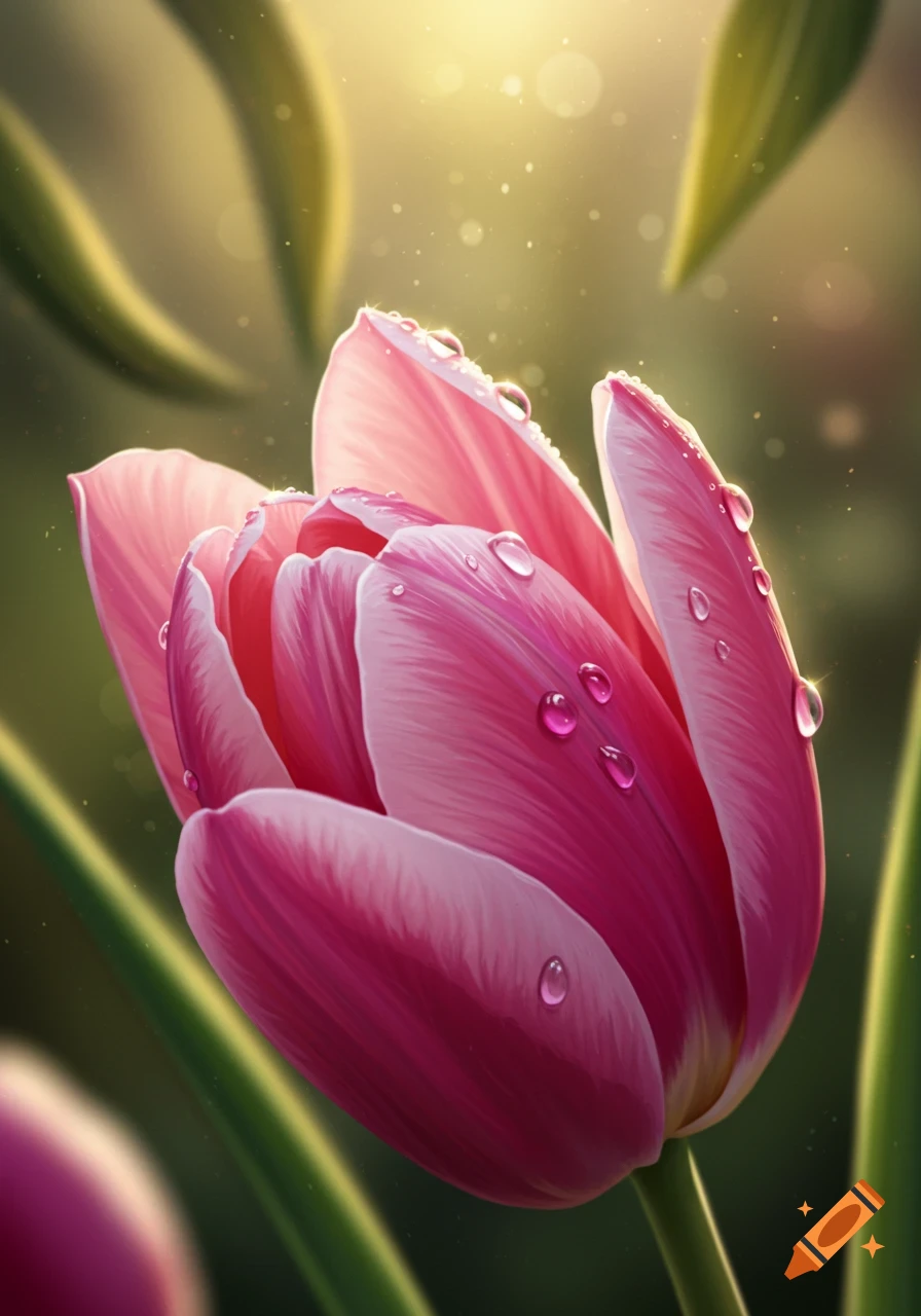A close-up of a pink tulip with water droplets on its petals, glowing in soft sunlight.