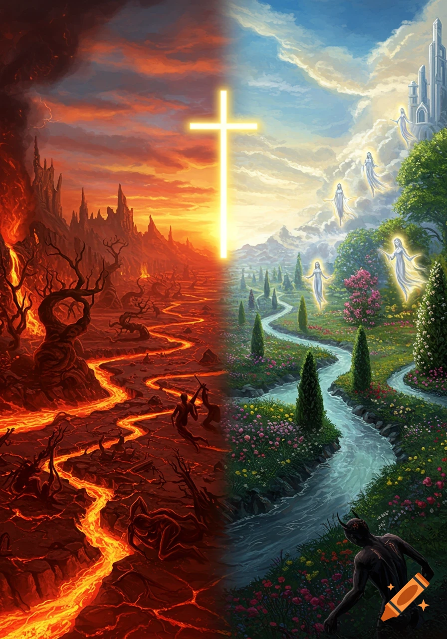 Fantasy art depicting a split scene of hell on the left and heaven on the right, divided by a glowing cross. Features lava, dark figures, angels, rivers, and flowers.