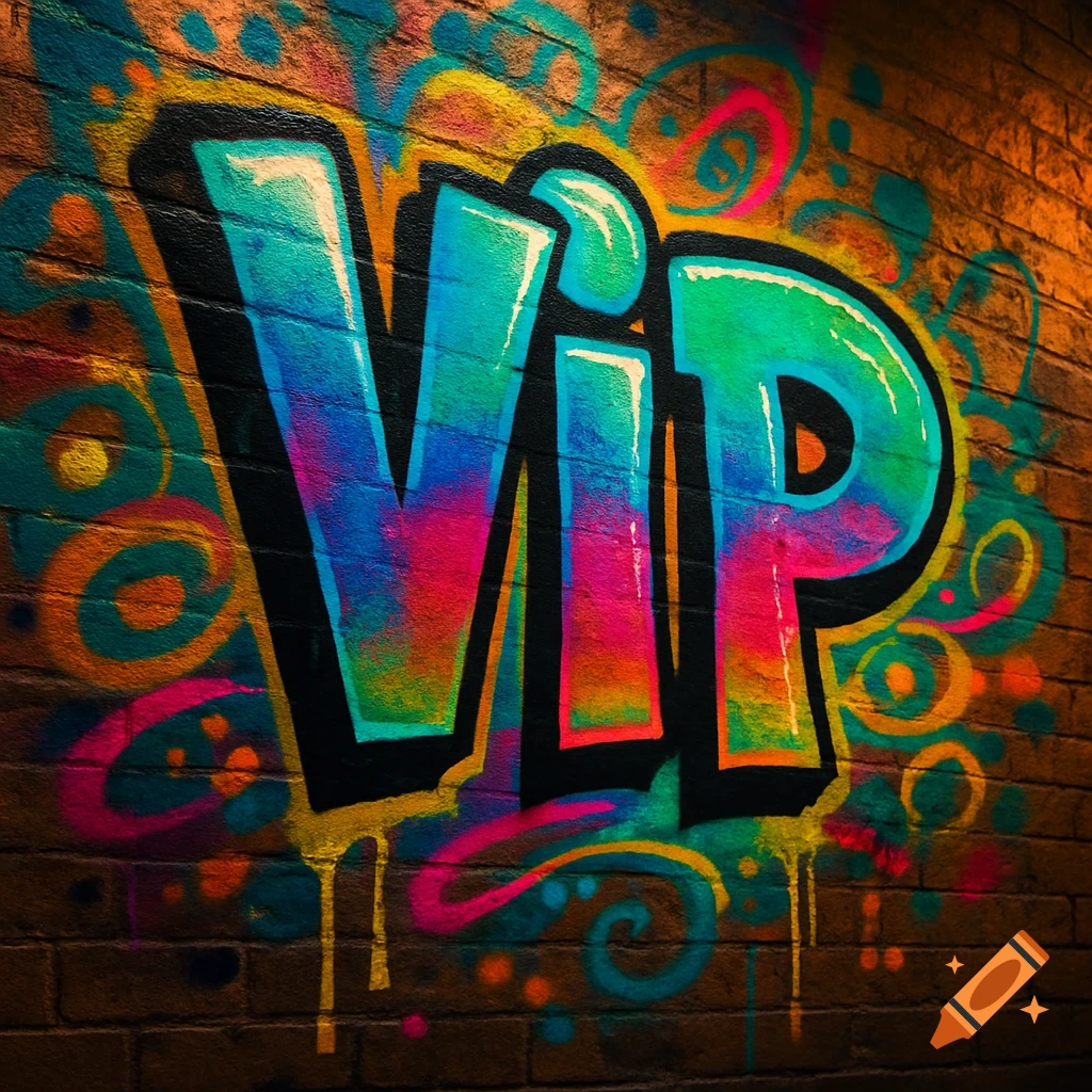 Colorful graffiti spelling 'VIP' on a brick wall, with drips and swirls.