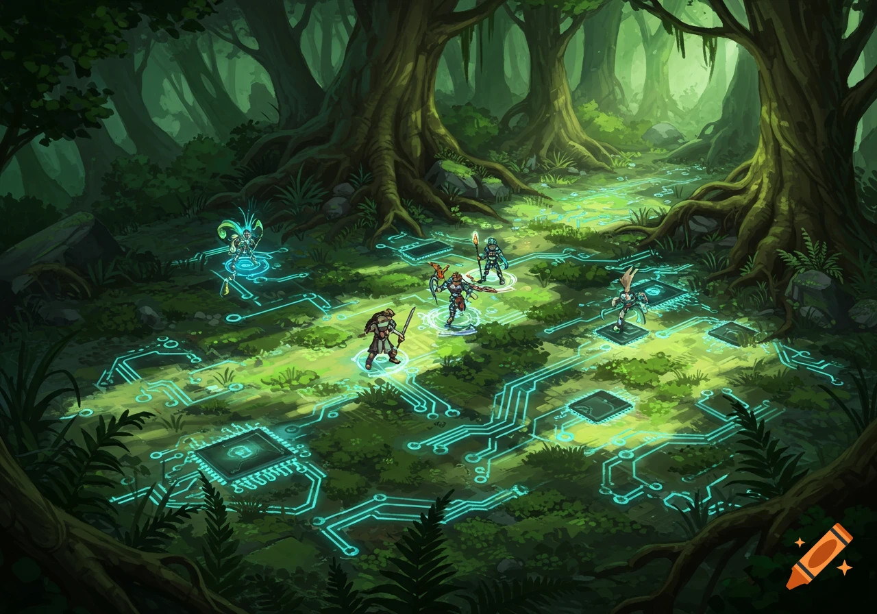 Top-down illustrated fantasy battle map of a forest floor with glowing electronic circuits and stylized adventurers.