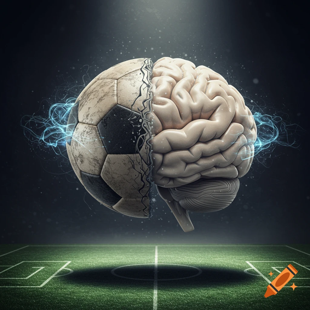 A conceptual image showing a soccer ball splitting open to reveal a human brain, suspended above a green soccer field with glowing blue energy.