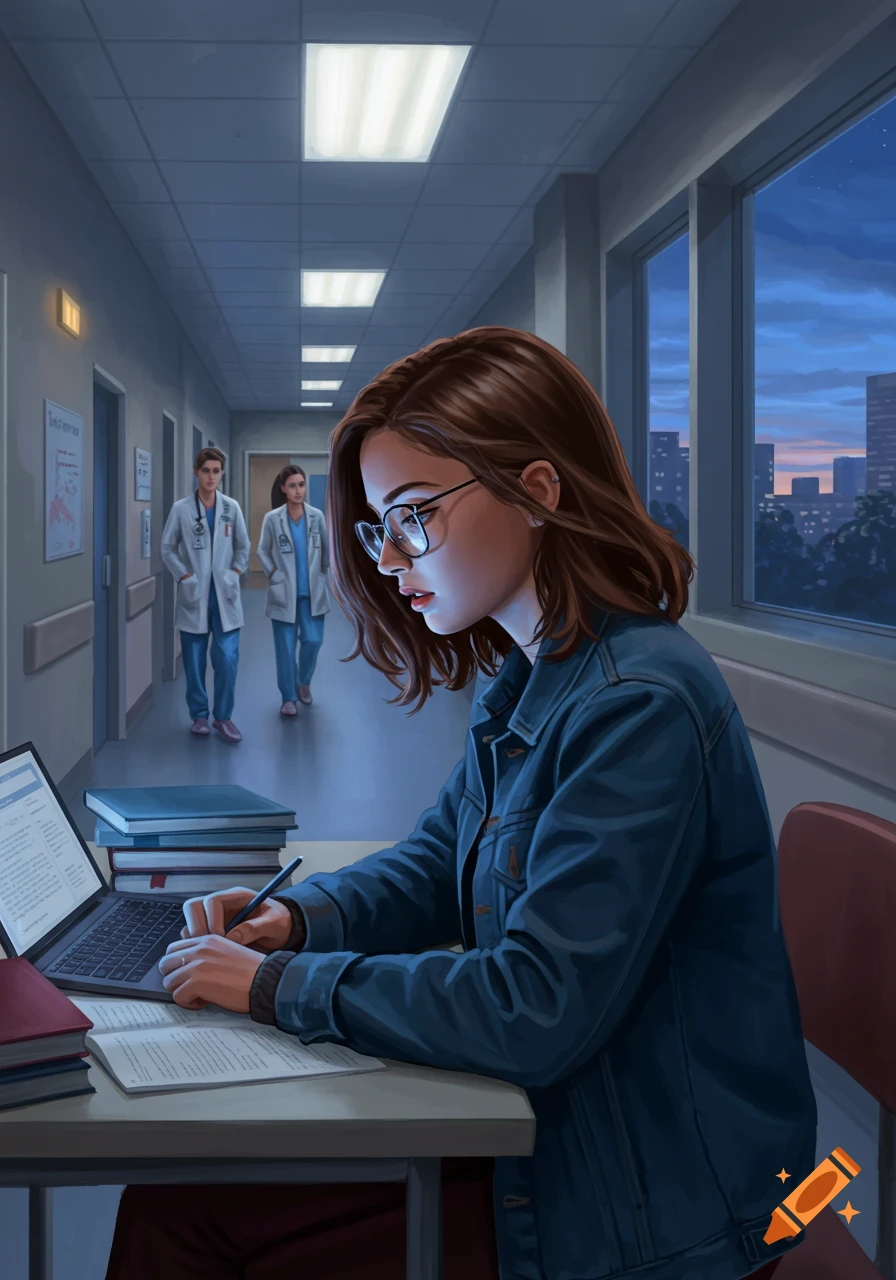 A young woman wearing glasses and a denim jacket studies at a desk with a laptop and papers in a hospital hallway. Two doctors walk in the background.