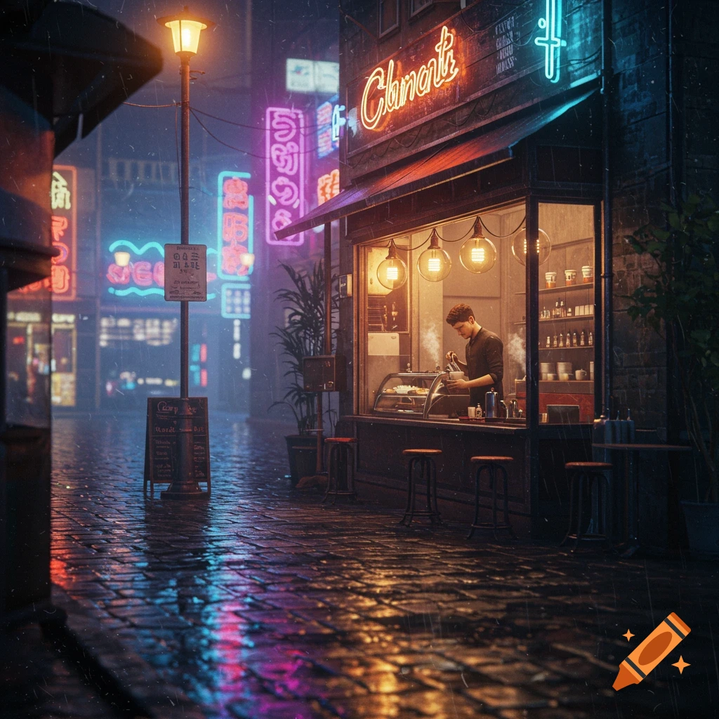 A stylized coffee shop on a rainy city street at night, with neon signs reflecting on the wet pavement, and a barista working inside.