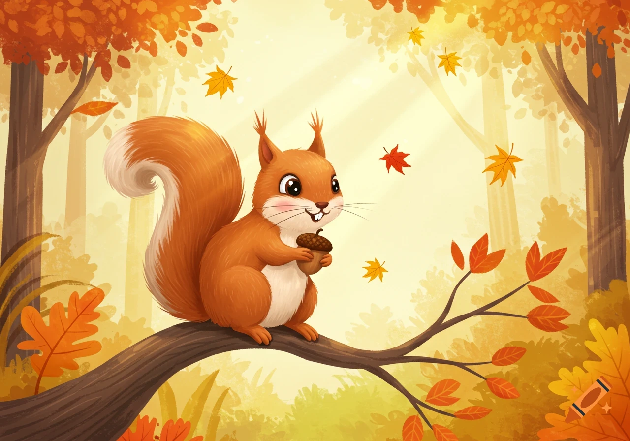 A cute cartoon squirrel with a bushy tail sits on a tree branch, holding an acorn in a vibrant autumn forest with falling leaves.