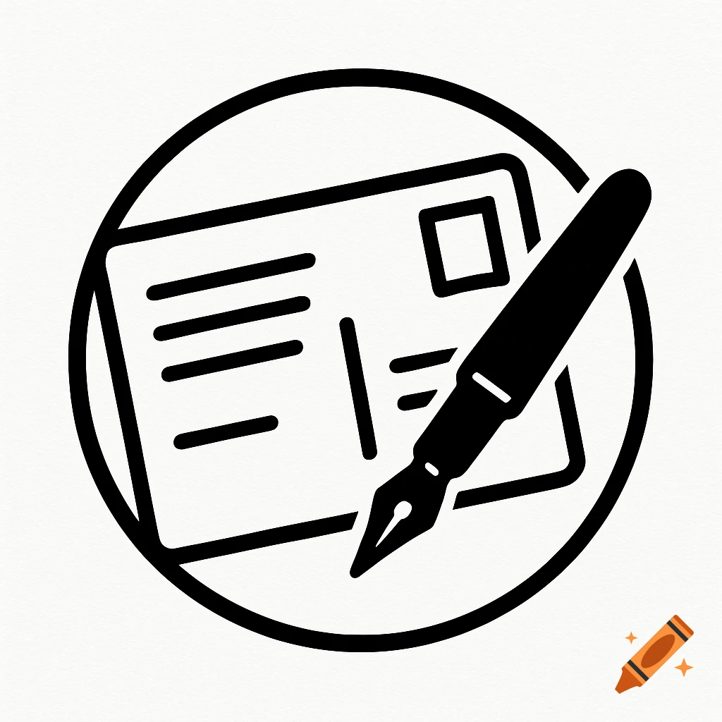 Black and white logo of a postcard with implied text and stamp, and a fountain pen, all enclosed in a circle.
