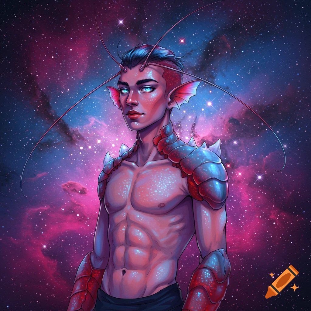 Anime illustration of a muscular, red-skinned male alien with blue eyes, antennae, and armored shoulders, against a cosmic galaxy.