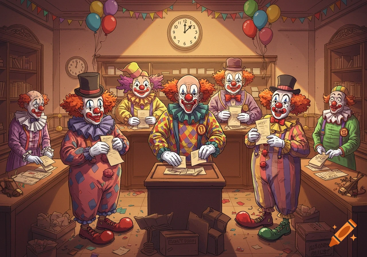 Several cartoon clowns in colorful outfits are counting election ballots at desks in a room decorated with balloons and clocks.