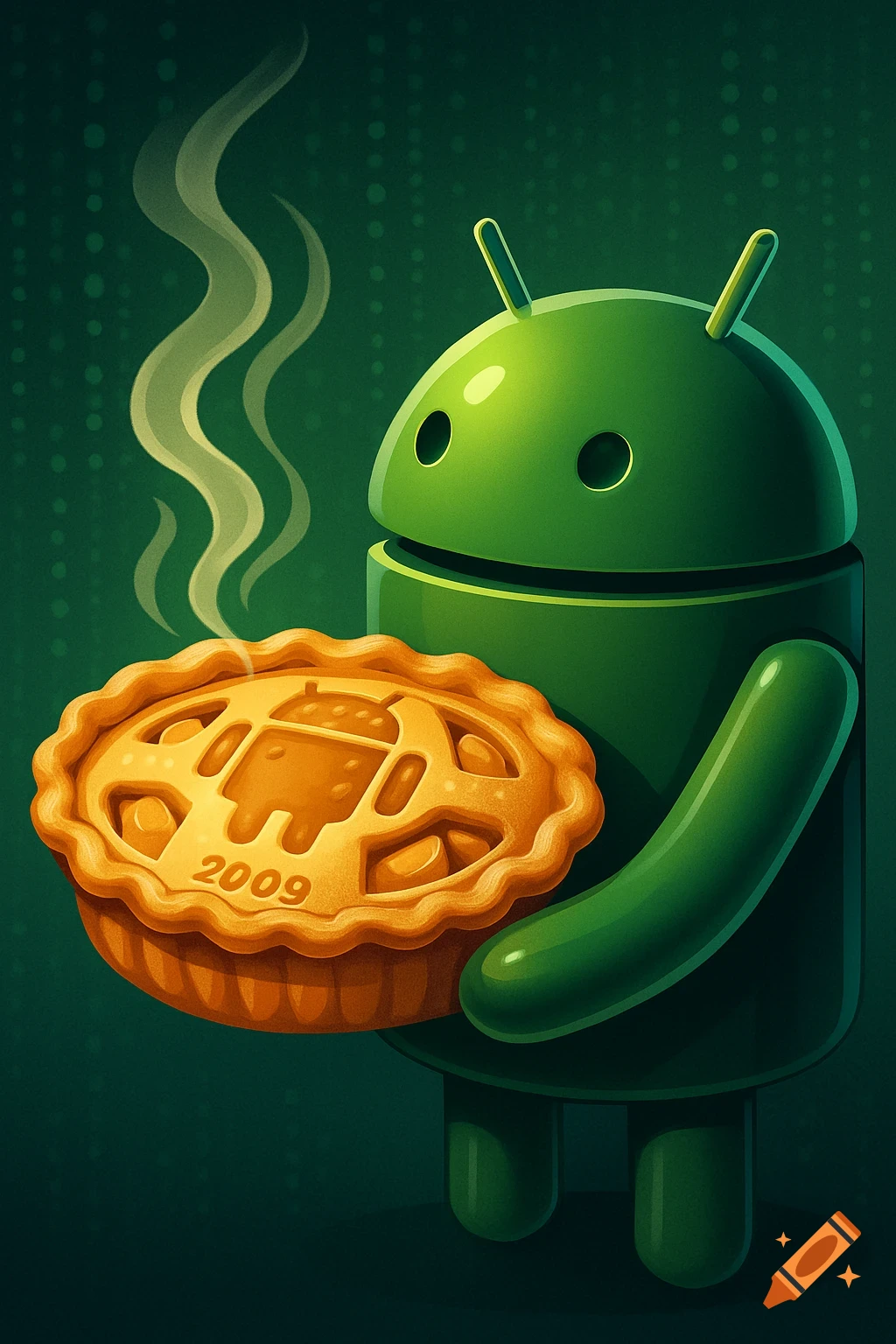 A green Android robot holds a steaming, golden-brown pie with the Android logo and '2009' baked into the crust, against a dark green digital background.