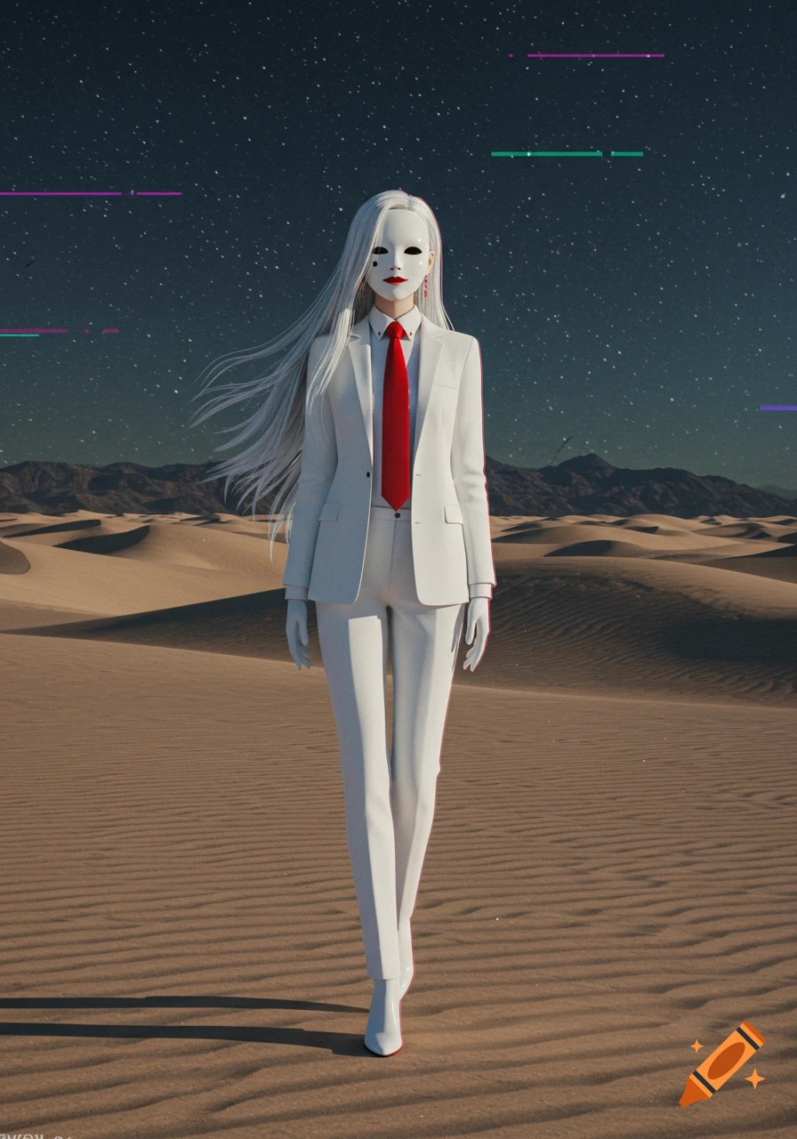 A woman with long silver hair and a white porcelain mask, wearing a white suit and red tie, stands in a vast desert under a starry night sky with a 90's anime aesthetic.