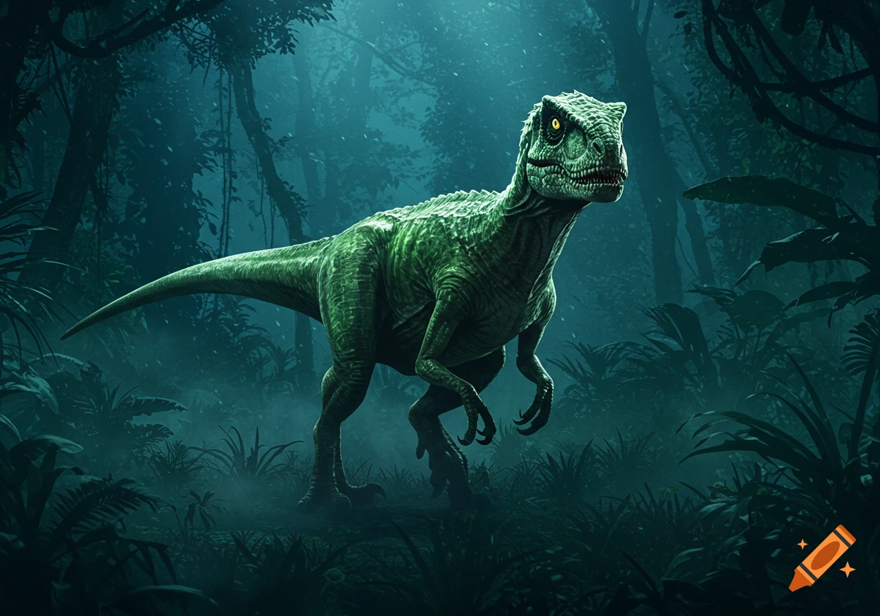 A vibrant green dinosaur with glowing yellow eyes stands in a dark, misty jungle with rays of light filtering through the dense canopy.