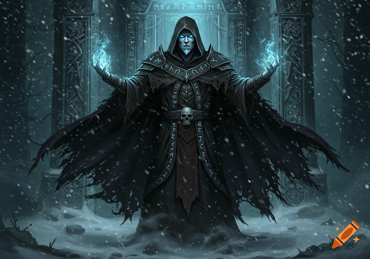 A dark cloaked necromancer with glowing blue eyes and hands stands in a snowy, ruined archway, casting a spell.