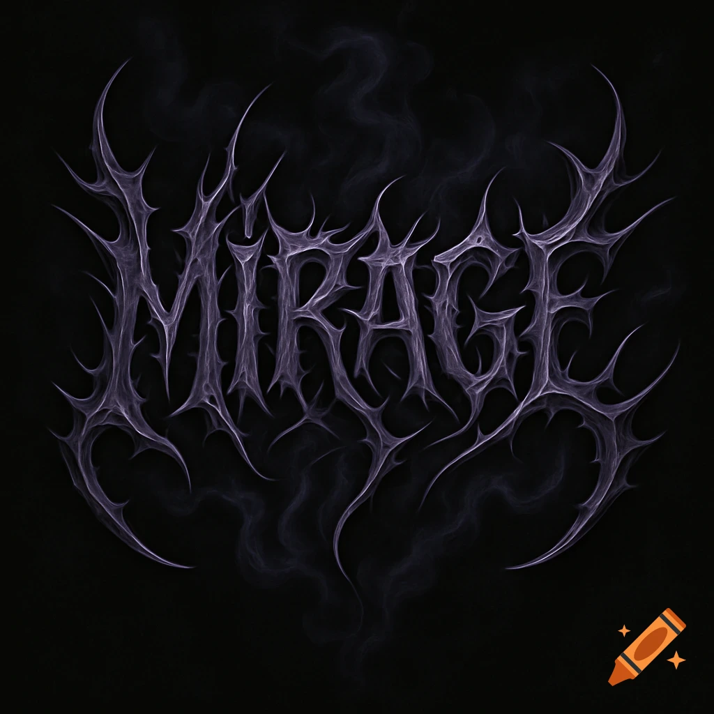 Spiky dark purple and black death metal style logo for 'MIRAGE' with smoky background.