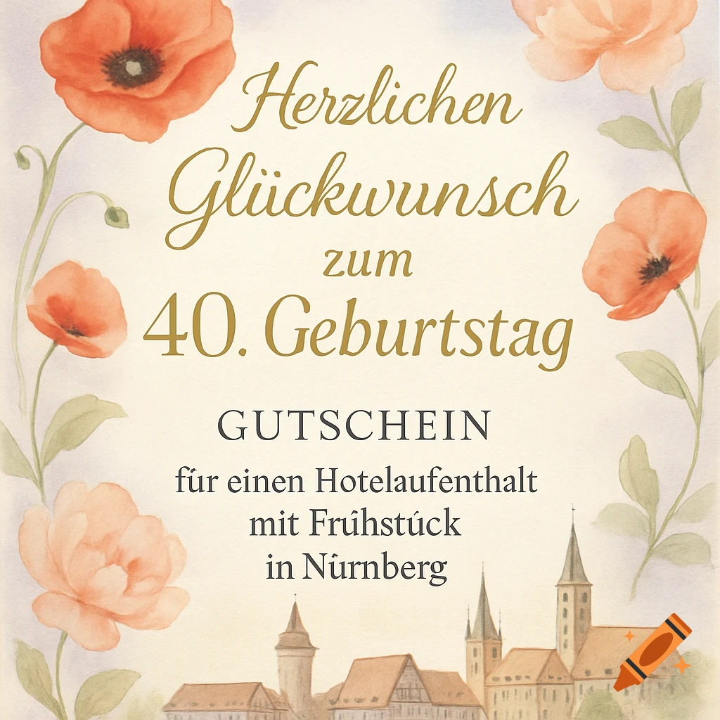 Watercolor greeting card with poppies and German text for a 40th birthday hotel voucher in Nuremberg.