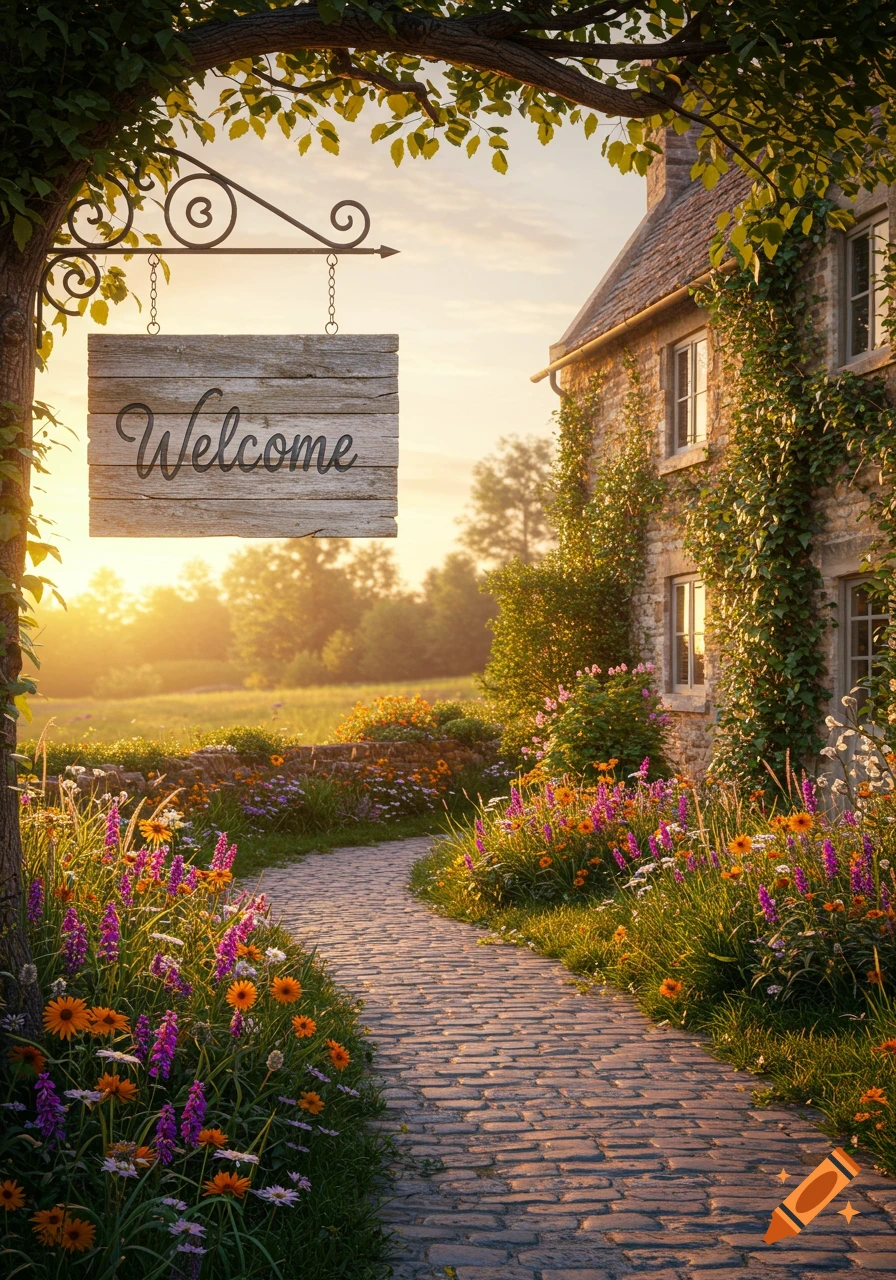A cobblestone path winds through a vibrant garden filled with colorful flowers towards a stone cottage at sunset, with a 'Welcome' sign hanging from a tree.