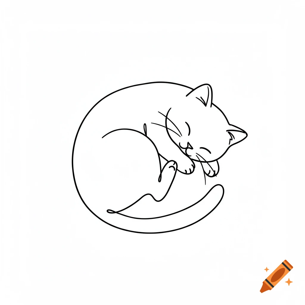 Minimalist black line art of a cute sleeping cat curled in a circle on a white background.