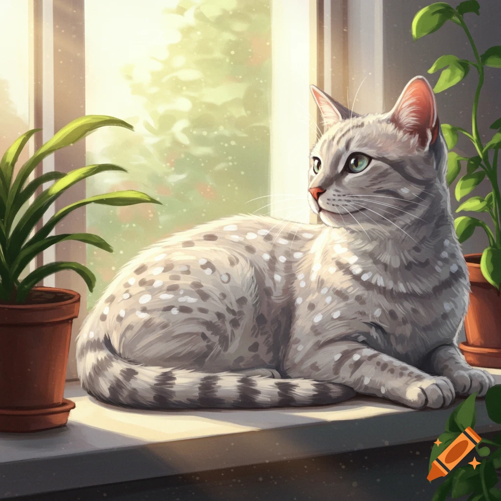 A beautiful light gray cat with white spots rests on a sunny windowsill next to potted plants, in a digital art style.