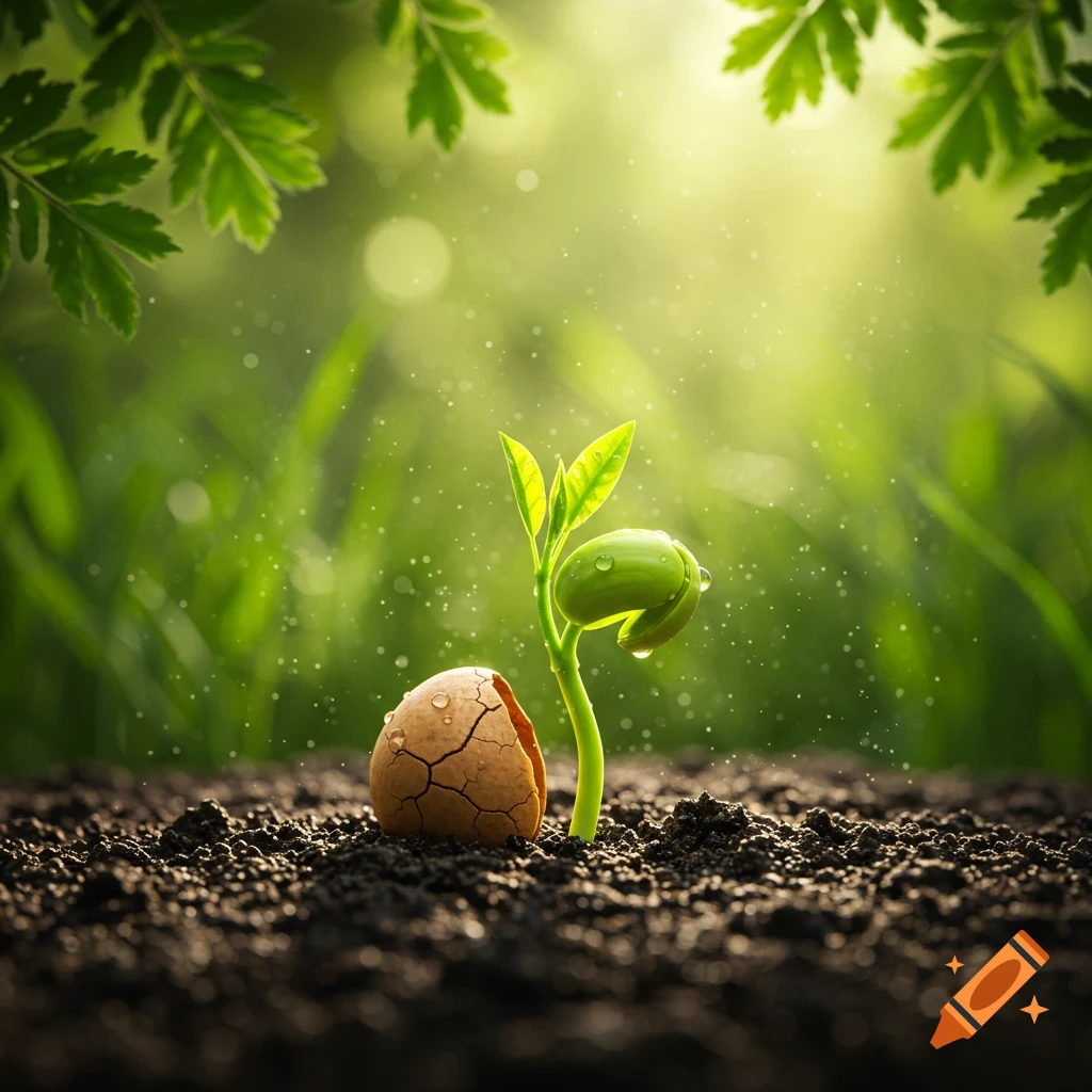 A vibrant green seedling with water droplets grows from dark soil next to a cracked eggshell, against a bright bokeh background.