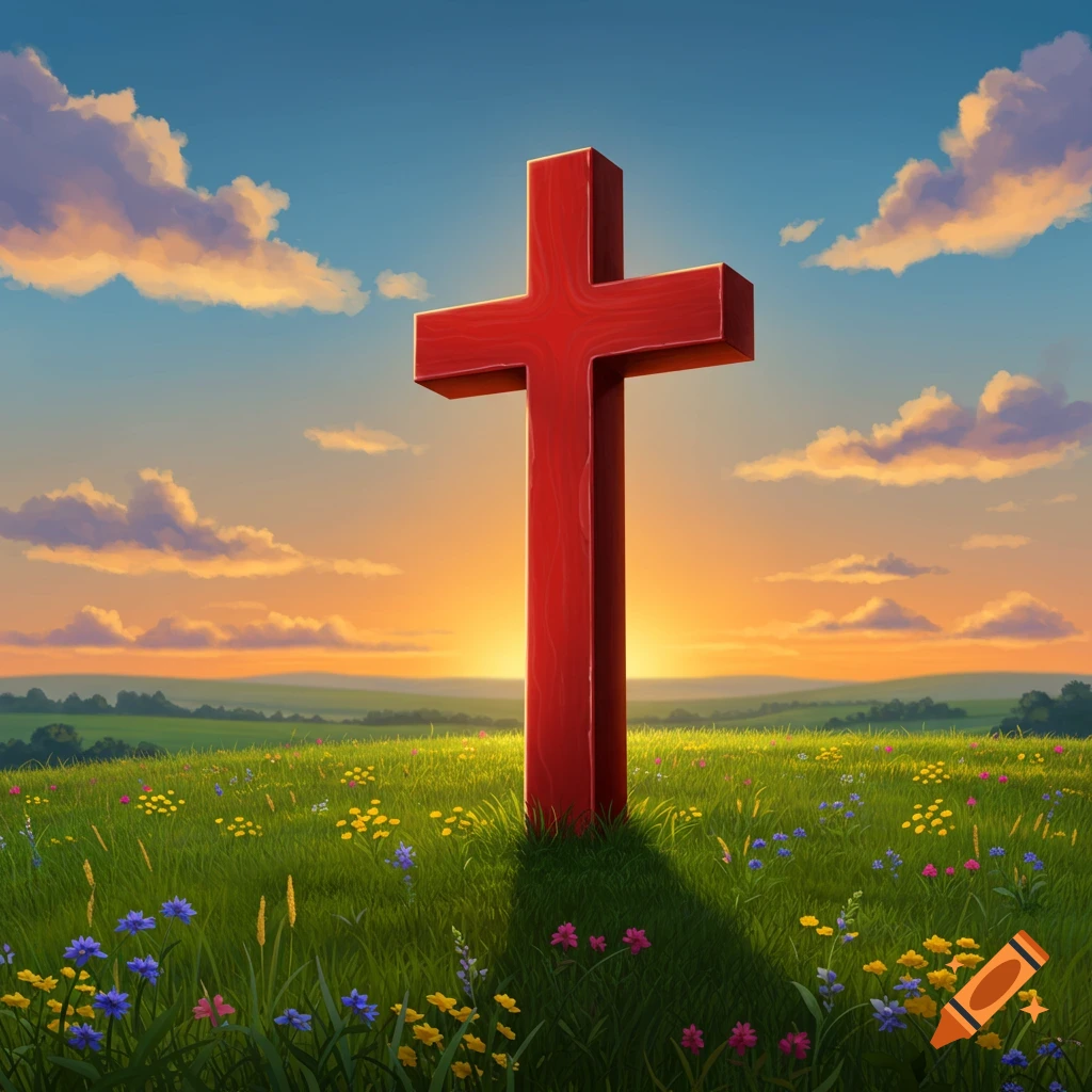 A large red Christian cross stands in a vibrant green field with colorful wildflowers under a bright sunset sky.