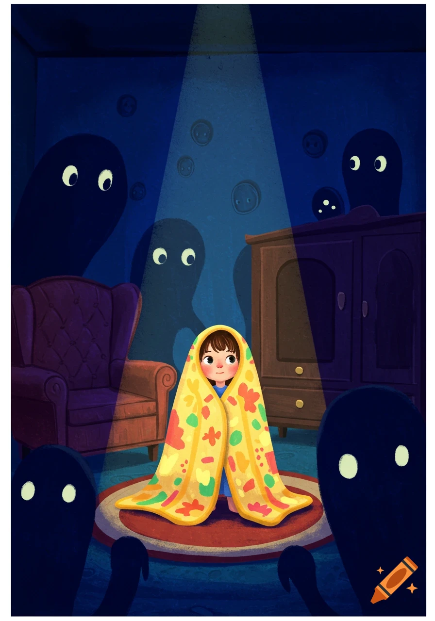 An illustration of a child wrapped in a colorful blanket standing bravely in a dark room with curious cartoon shadows.