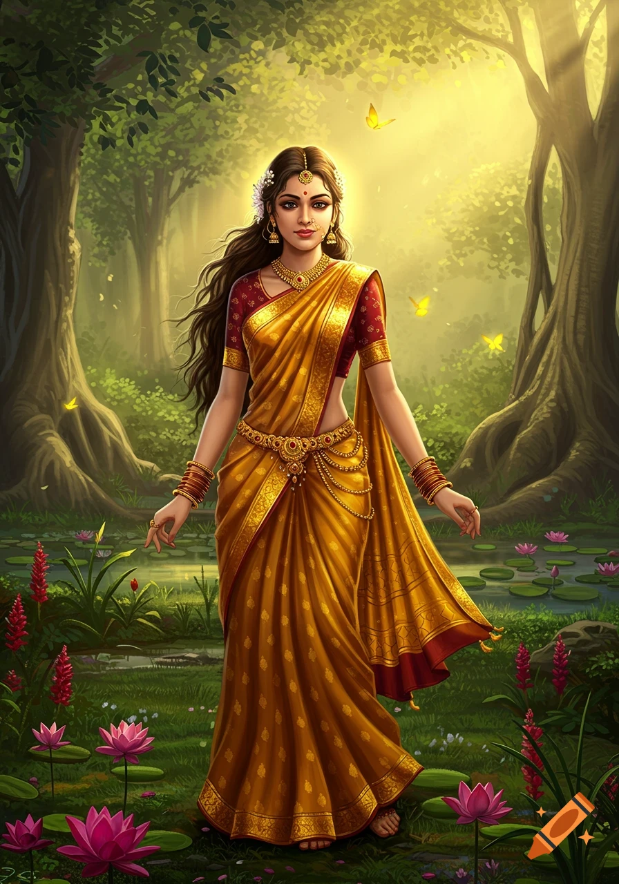 Vibrant illustration of a graceful woman in a golden sari and traditional jewelry, standing in a sunlit forest with a pond and pink water lilies.
