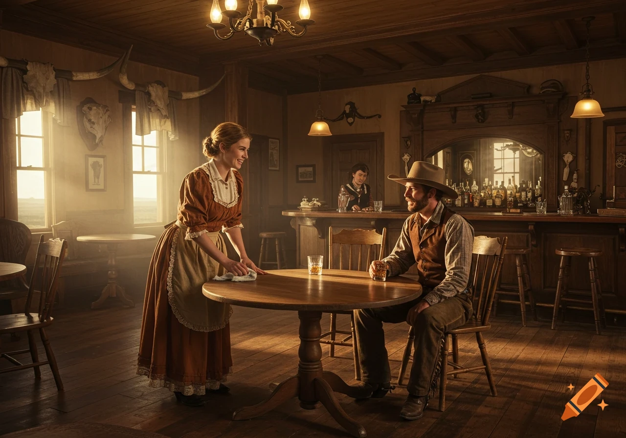 A smiling young woman in a dress and apron cleans a table while talking to a cowboy in a sunlit Western saloon, with a bartender in the background.