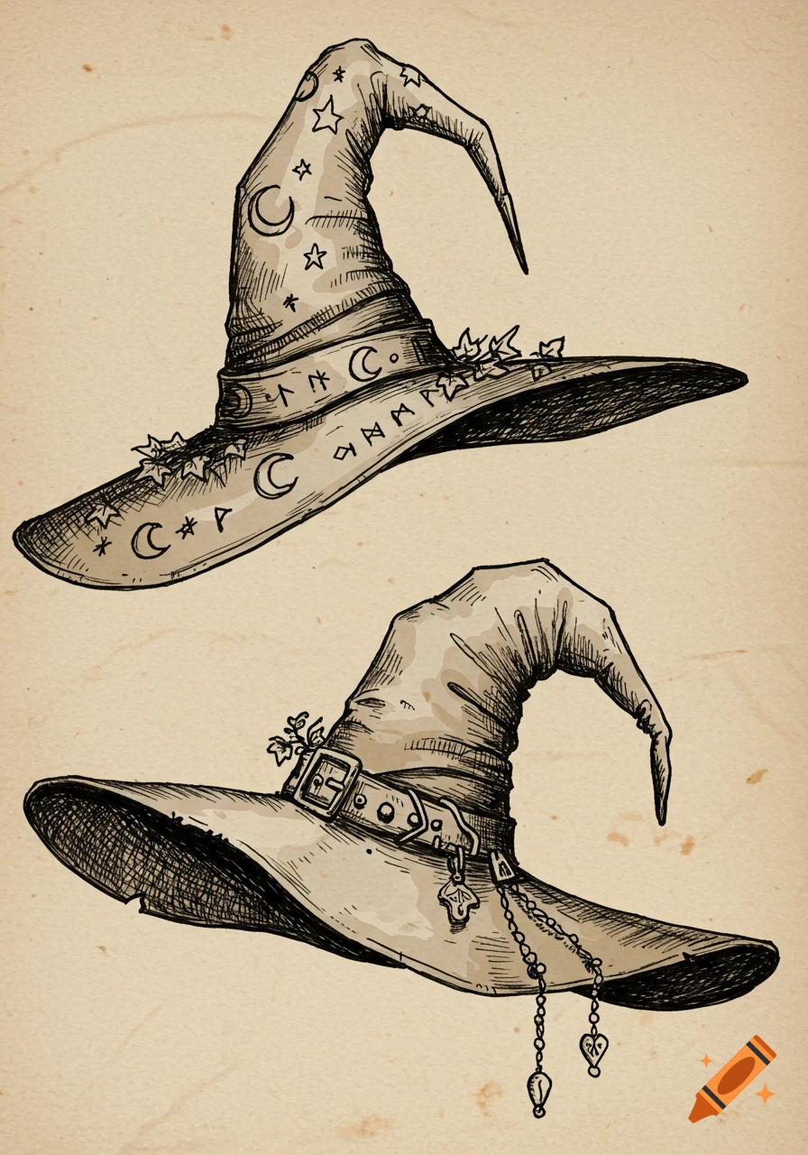 Two antique ink-sketched witches' hats on a parchment background. The top hat features moons and stars, the bottom has a buckle and chain.