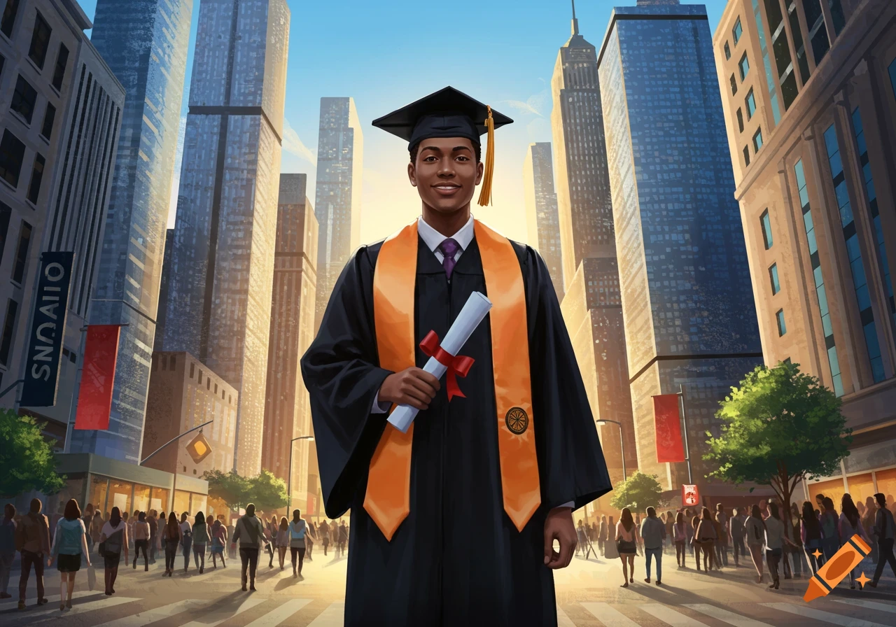 A smiling male college graduate in a cap and gown holds a diploma on a city street with tall buildings and crowds.
