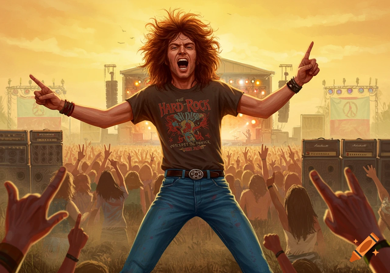 A male rock fan with big hair screams and points at a lively outdoor concert, surrounded by a cheering crowd and stage lights.