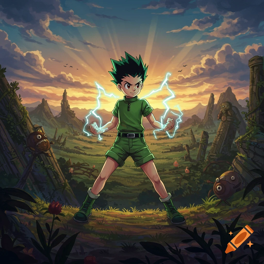 An anime illustration of Gon from Hunter x Hunter, standing heroically with lightning around his hands in a fantasy landscape at sunset.