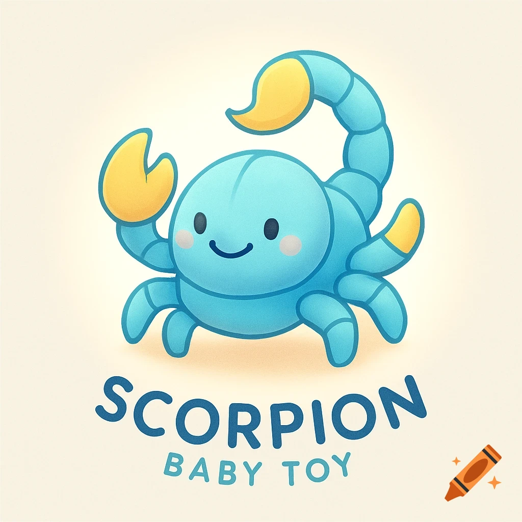 A cute, blue and yellow cartoon scorpion with a happy face, above the words 'SCORPION BABY TOY' in a logo style.