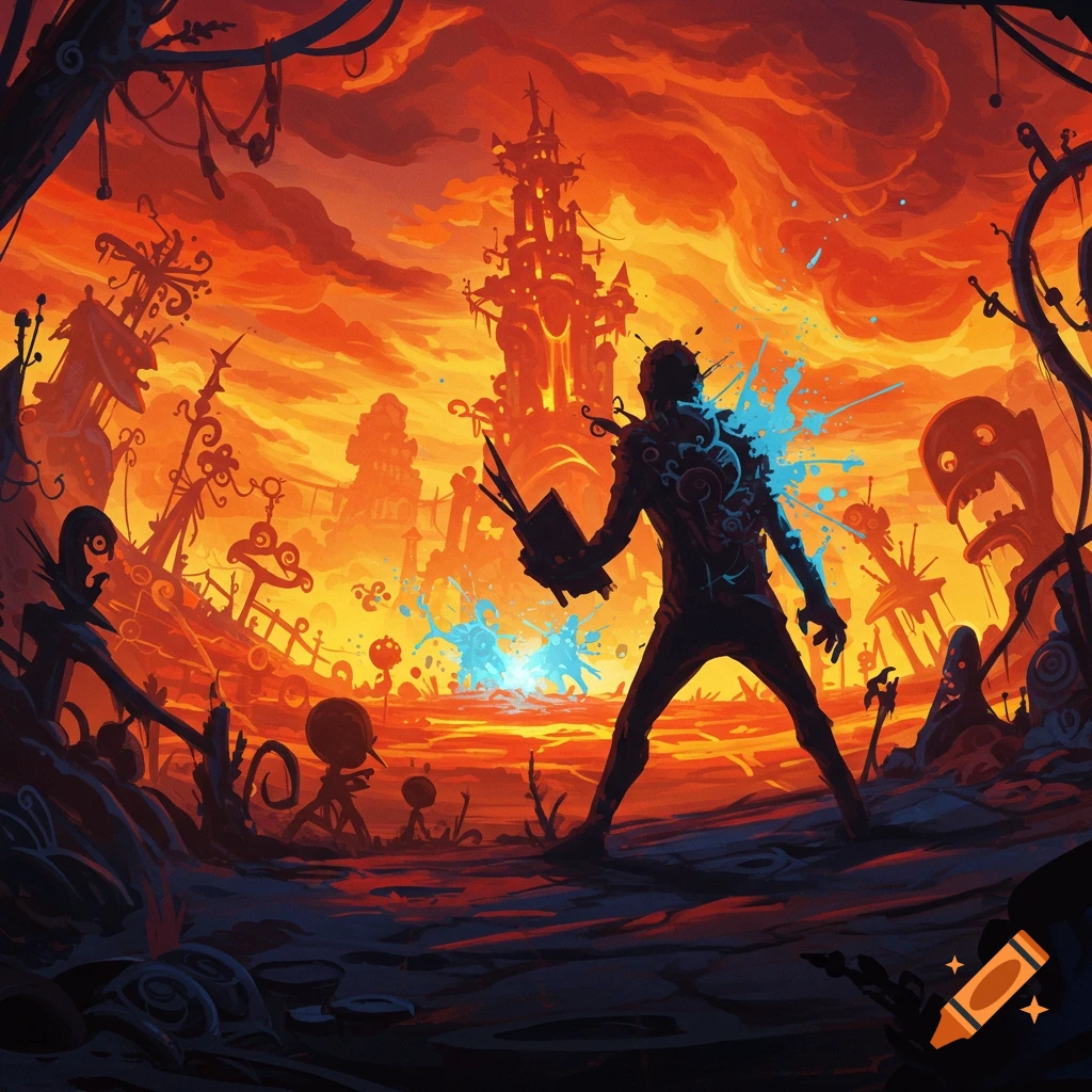 A dark figure stands splattered with blue, in a stylized, surreal orange landscape with distorted buildings and eerie creatures.
