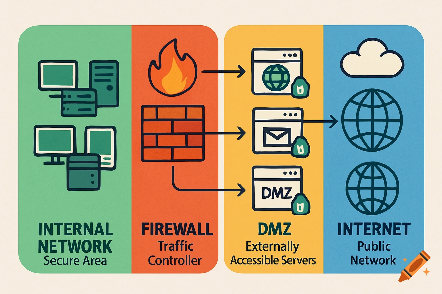 A colorful diagram illustrating a computer network DMZ with internal network, firewall, DMZ, and internet zones.
