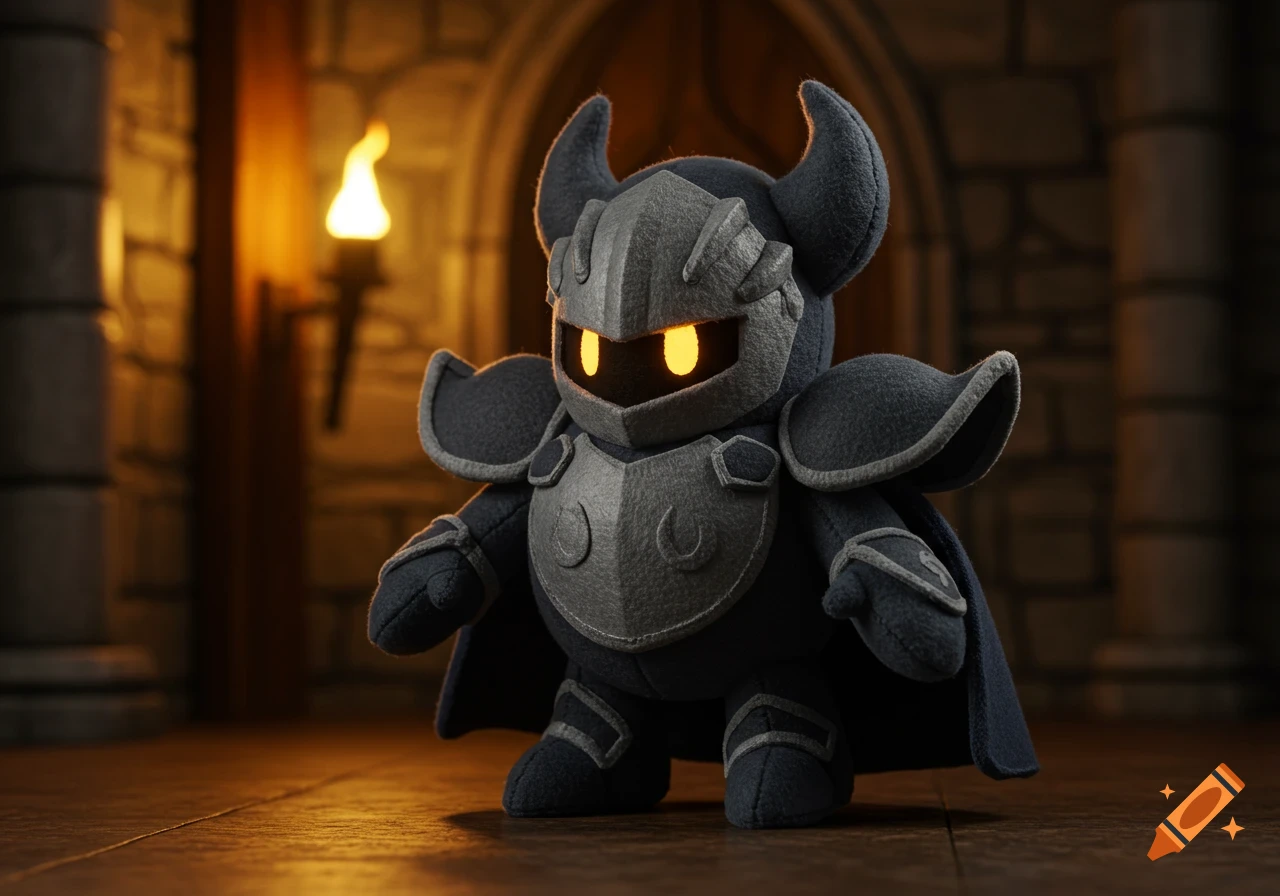 A dark gray Meta Knight plushie stands in a dimly lit stone castle hallway with a torch on the wall.