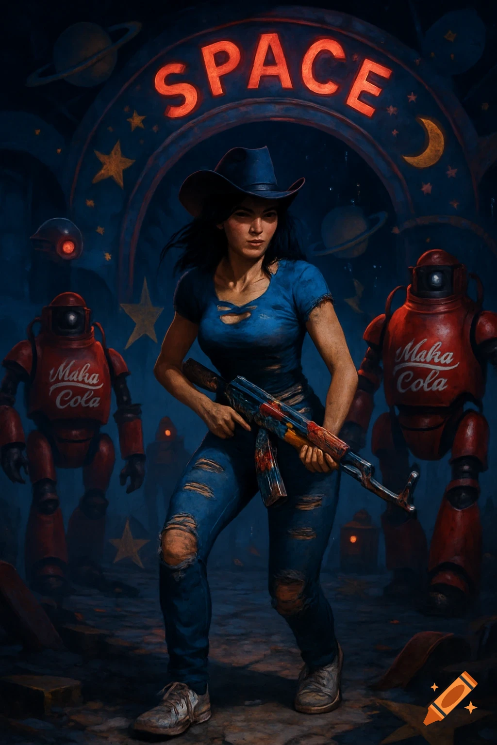A woman in a cowboy hat and ripped clothes holds a colorful AK-47 in a ruined space-themed amusement park with red robots. Stylized digital art.