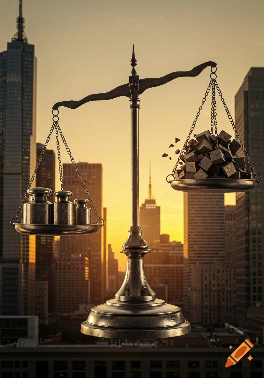 Photorealistic image of a balance scale against a city skyline at sunset, with traditional weights on one side and crumbling cubes on the other.