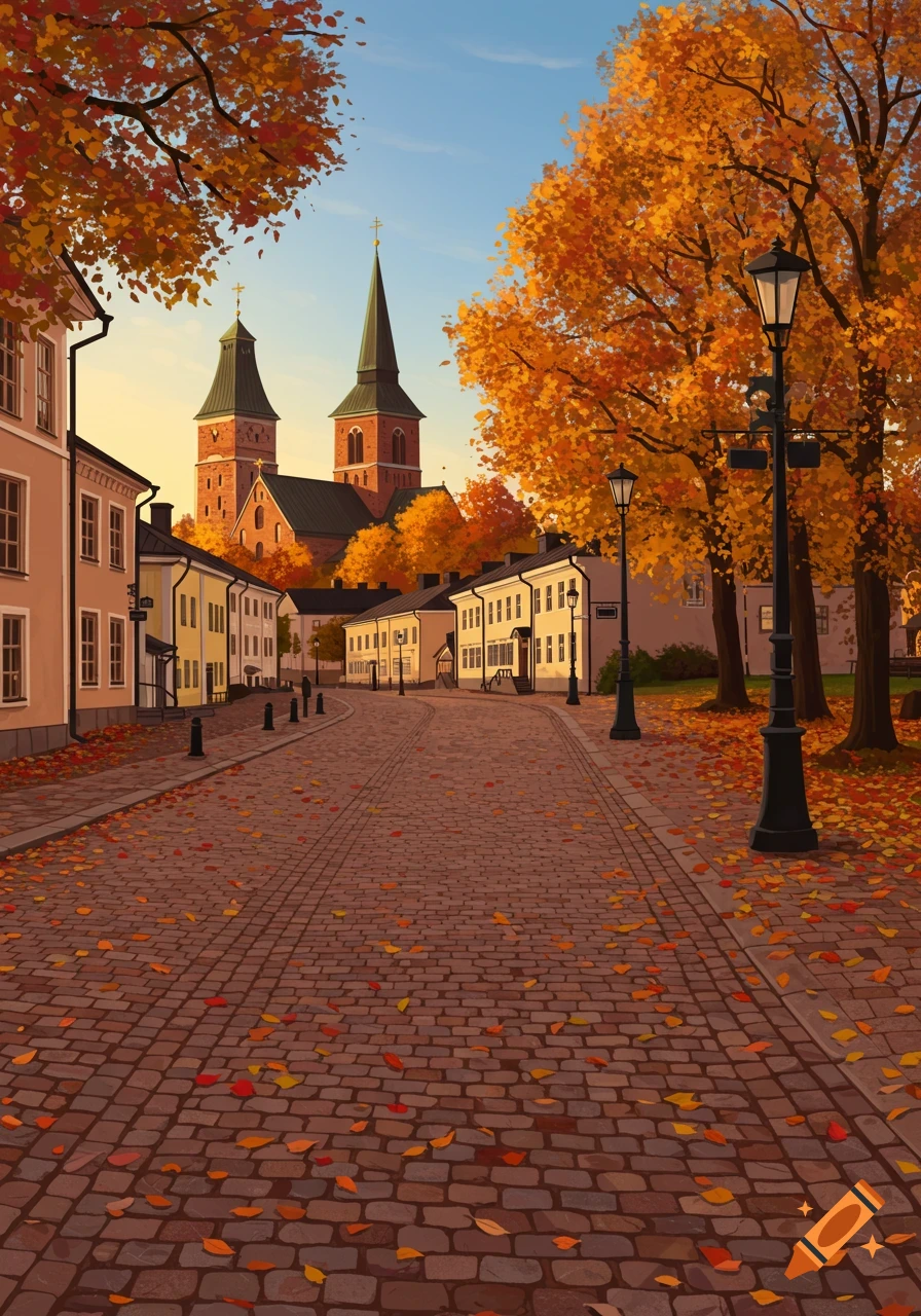 An illustrative view of a cobbled street lined with autumn trees and old buildings, leading to a large church with two spires under a clear sky.