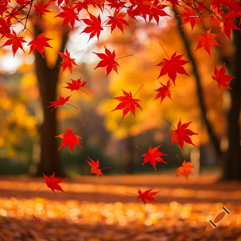 Red maple leaves falling against a blurred background of autumnal trees and orange ground.