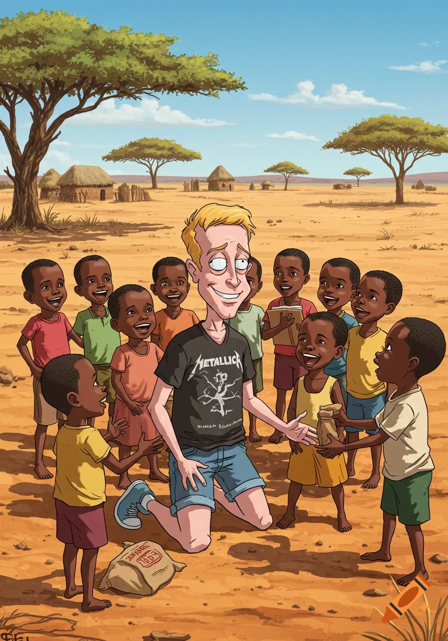 A cartoon man resembling Beavis kneels among smiling African children in a savannah village, shaking a boy's hand and holding a jar.