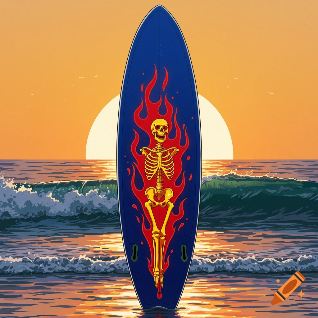 A blue surfboard with a yellow skeleton and red flames stands upright in the ocean with a sunset in the background.