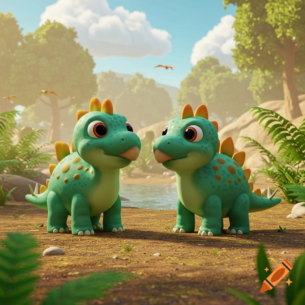 Two cute green cartoon stegosauruses with orange spikes stand facing each other in a vibrant prehistoric landscape.