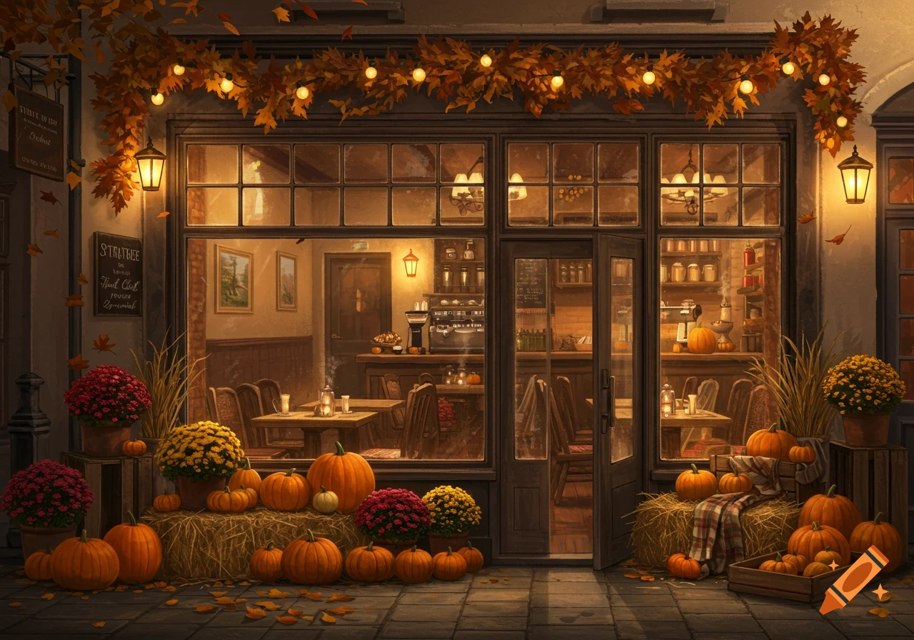 A cozy autumn-themed cafe exterior decorated with string lights, fall leaves, pumpkins, and potted chrysanthemums.