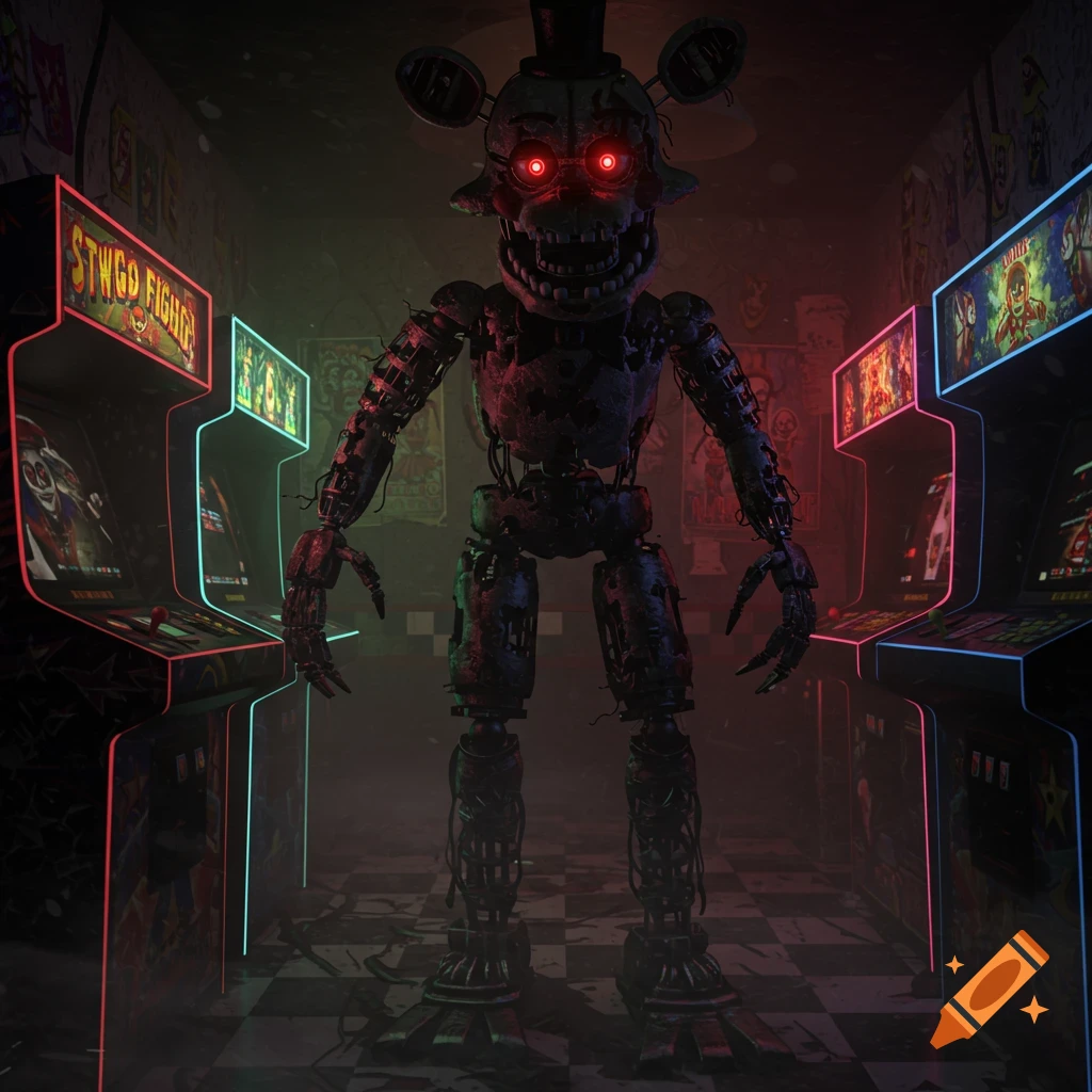 A menacing, dark animatronic robot with glowing red eyes stands in a dimly lit arcade between two neon-lit arcade machines.