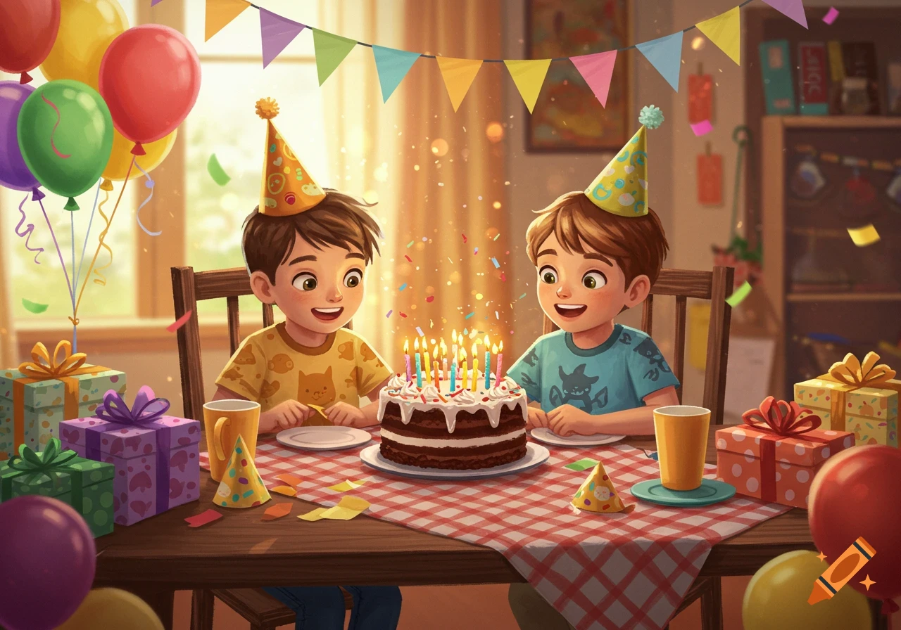 Two happy boys in party hats sit at a table with a chocolate birthday cake, candles, balloons, and gifts in a warm, inviting cartoon style.